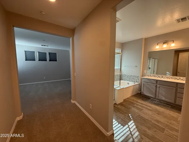 a bathroom with a sink a mirror and a bathtub