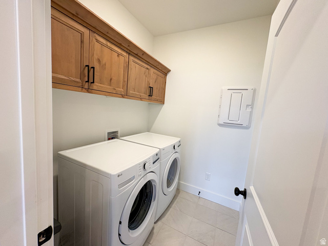 412 West 3025th Street South Logan, UT 84321 - Photo 17 of 34 Laundry room with washing machine and clothes dryer, cabinet space, electric panel, and light tile patterned floors