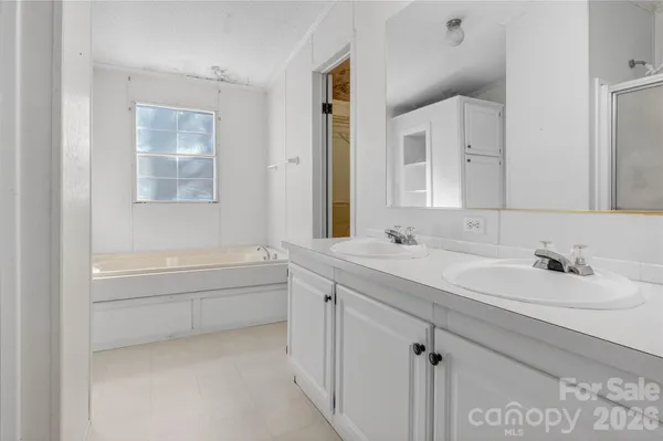 a bathroom with a tub sink and mirror