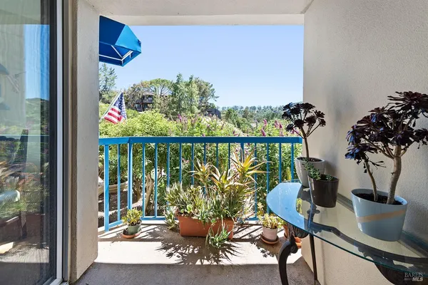 a view of a balcony with chairs and potted plants