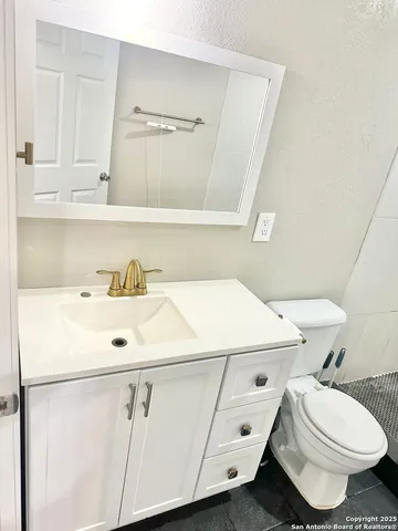 a bathroom with a sink toilet and mirror