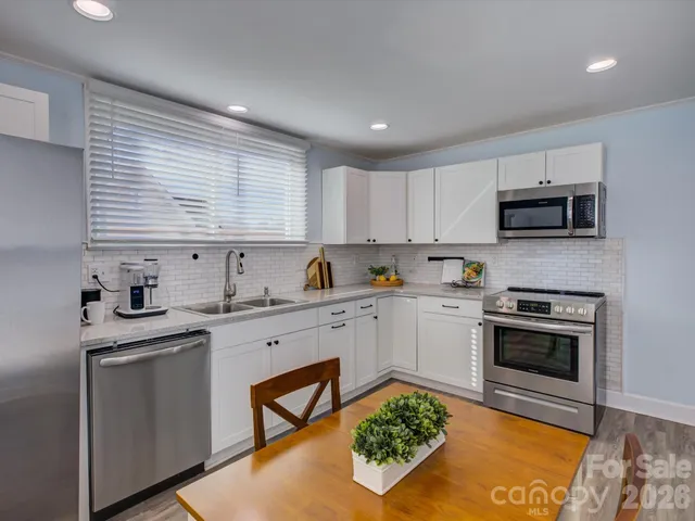 a kitchen with a sink stove and microwave