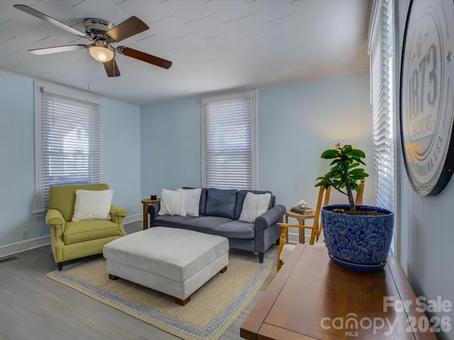 a living room with furniture a window and a potted plant