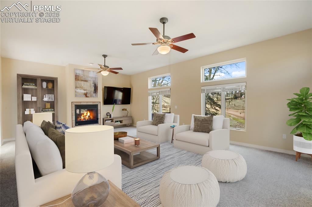 1427 Spring Valley Drive Divide, CO 80814 - Photo 20 of 50 a living room with furniture a flat screen tv and a fireplace