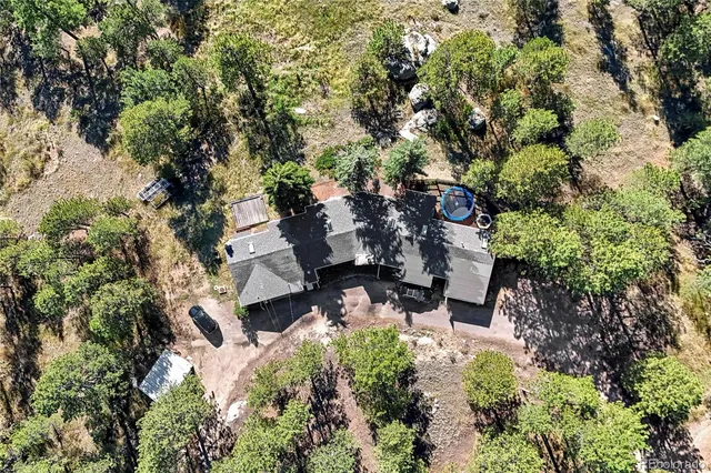an aerial view of a house with a yard and covered with trees