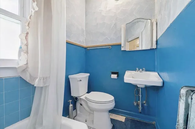 a bathroom with a toilet a sink and mirror