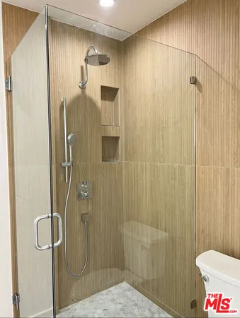 a bathroom with a shower and toilet