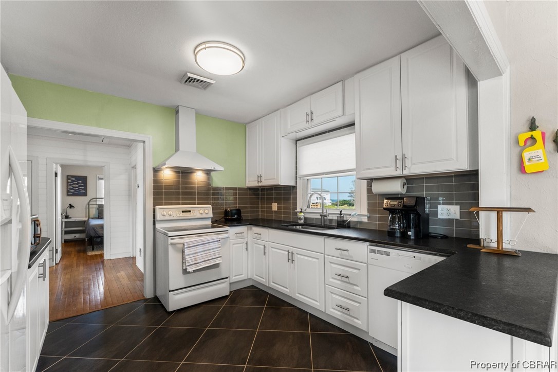 2218 Mill Creek Road Wake, VA 23176 - Photo 20 of 41 Kitchen featuring sink, white appliances, wall chimney exhaust hood, and tasteful backsplash