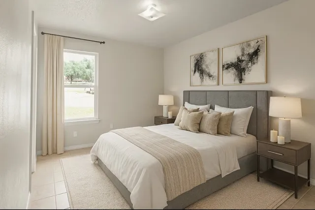 a bedroom with a large bed and a window