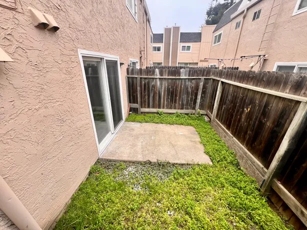 a view of a backyard with pathway