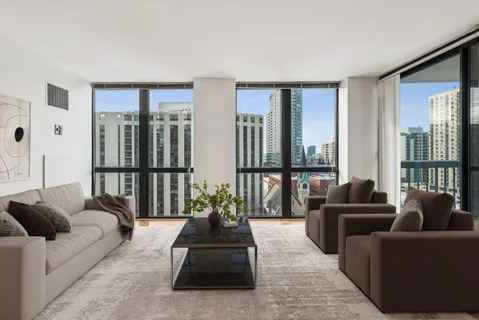 a living room with furniture potted plant and a large window