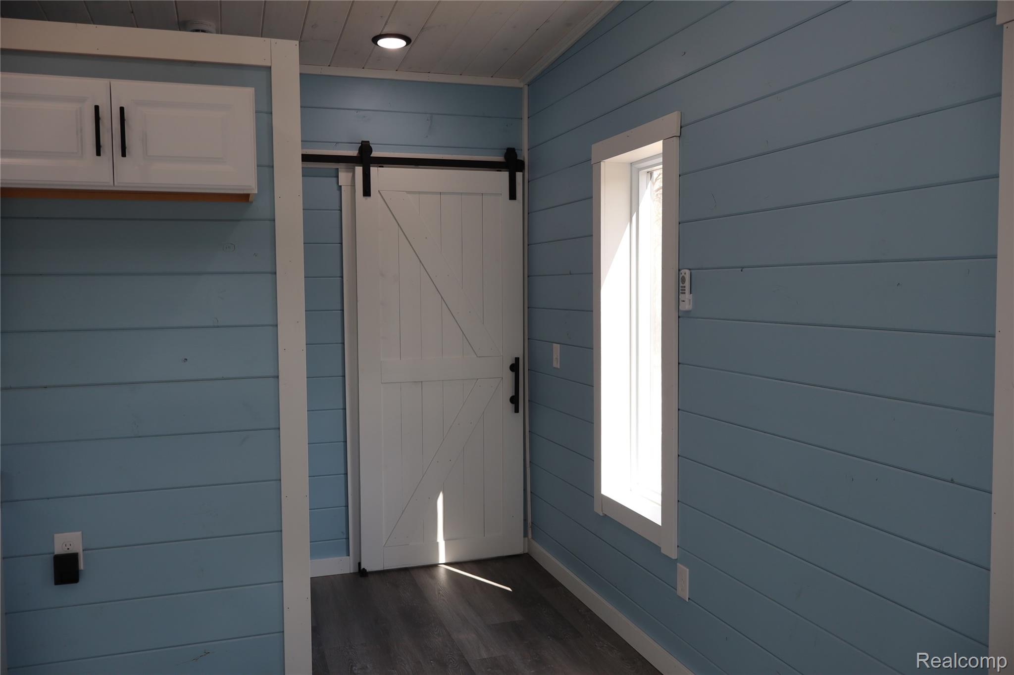1545 South La Chance Road Lake City, MI 49651 - Photo 28 of 51 Foyer entrance featuring a barn door, wooden walls, dark wood-style flooring, and plenty of natural light