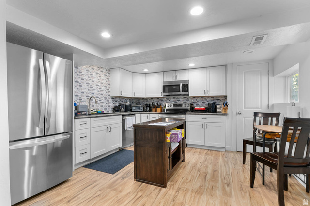 1489 North 400 West Bountiful, UT 84010 - Photo 23 of 47 Kitchen featuring wood-finish flooring, white cabinetry, stainless steel appliances, and a mosaic tile backsplash