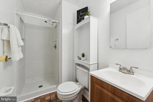 a bathroom with a sink toilet vanity and shower