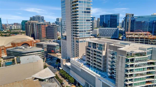 a city view with tall buildings