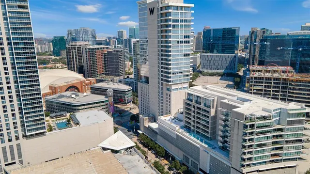 a city view with tall buildings