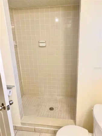a bathroom with a shower and a toilet