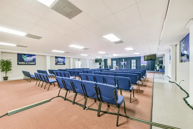 a view of a dining room with furniture