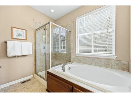 a bathroom with a bathtub and a shower