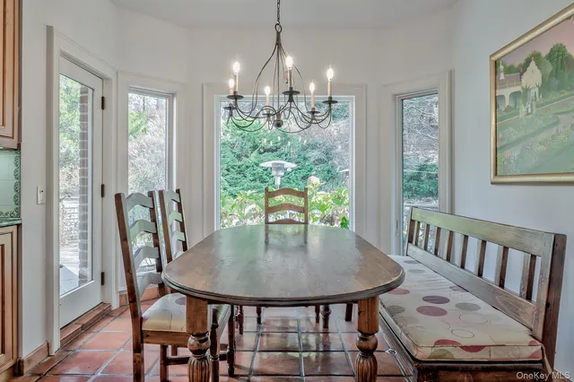 a view of a dining room with furniture window and outside view