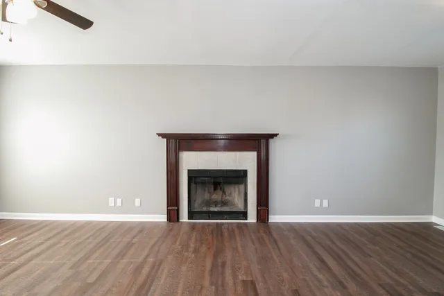 a room with a fireplace