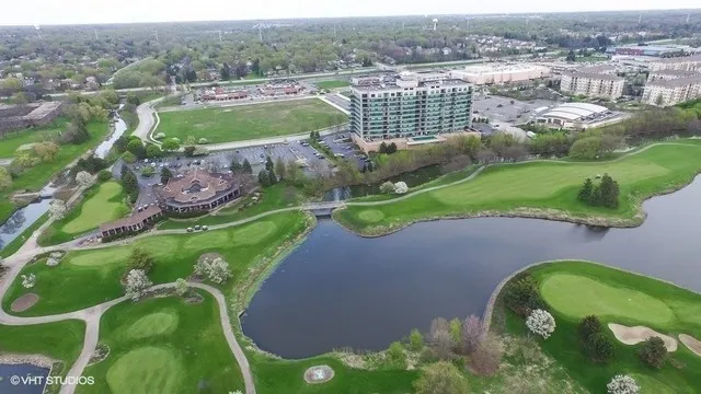 an aerial view of a pool