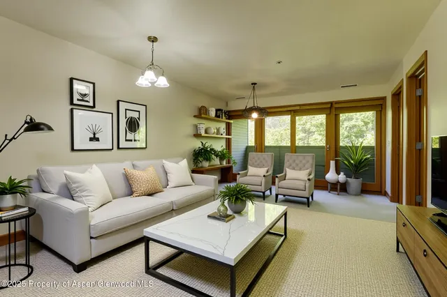 a living room with furniture potted plant and a large window