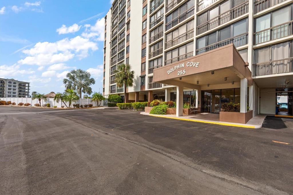 a view of a building with a street