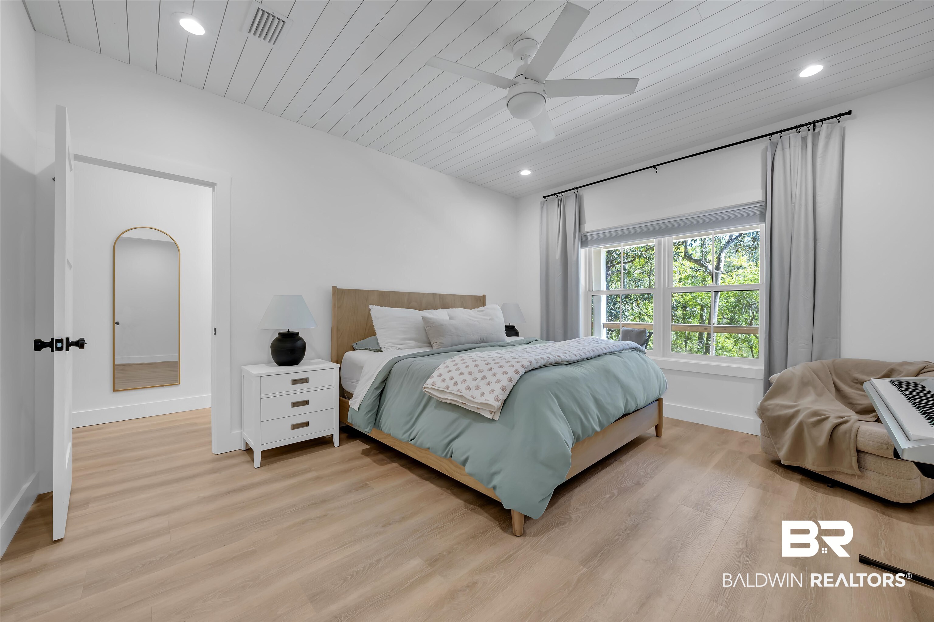 19058 James Road Gulf Shores, AL 36542 - Photo 23 of 49 Bedroom with light wood finished floors, recessed lighting, a ceiling fan, and wood ceiling