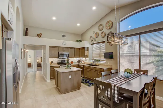 a view of a dining room with furniture