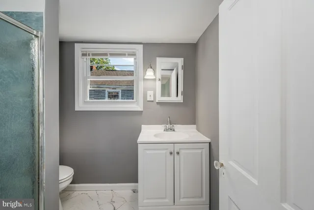 a bathroom with a sink toilet and window