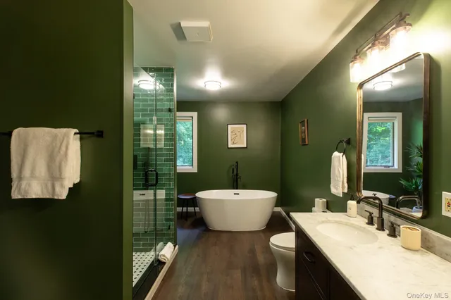 a bathroom with a double vanity sink toilet and a tub