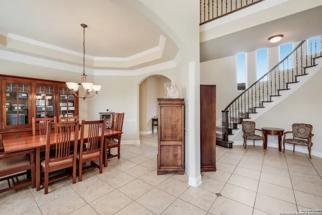 a view of a dining room with furniture