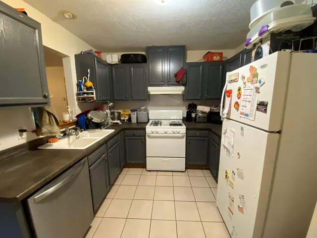a kitchen with a sink a refrigerator and cabinets