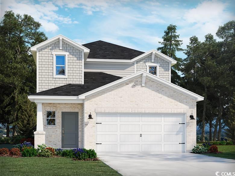 View of front of house featuring a garage, roof with shingles, driveway, and brick siding