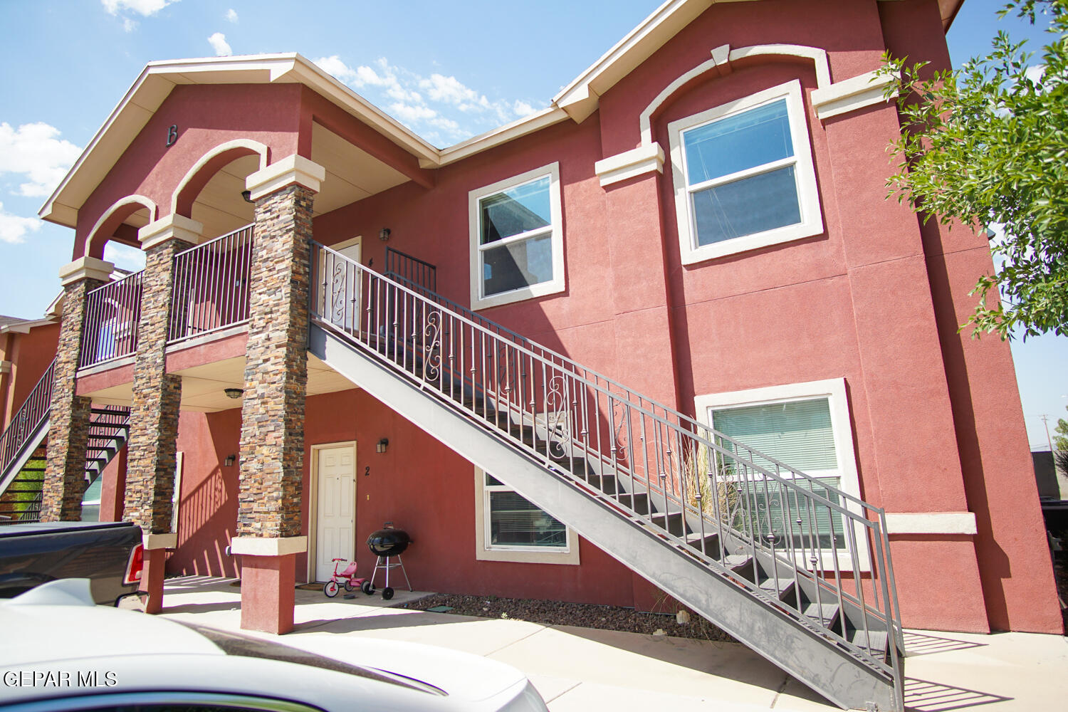 a view of a building with a balcony
