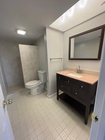 a bathroom with a sink toilet and mirror