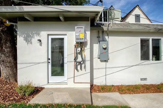 a view of a white house with a small yard plants and a large tree