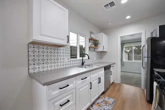 an empty room with a bathroom