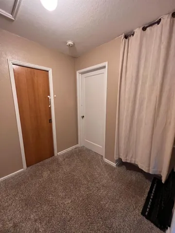 a view of a closet with wooden floor