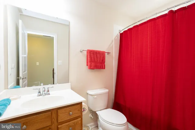 a bathroom with a sink a toilet a mirror and shower curtain