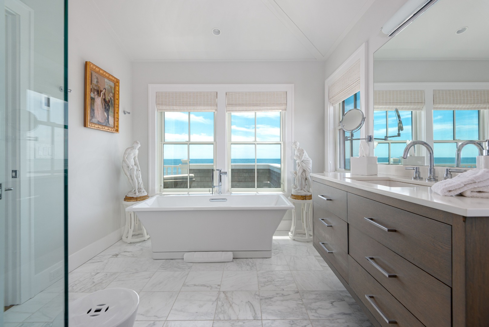 34 Bosworth Road Nantucket, MA 02554 - Photo 28 of 38 a bathroom with a granite countertop sink mirror and a bathtub