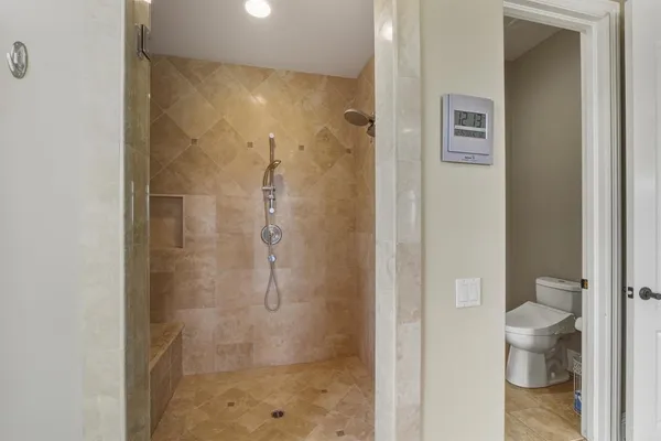 a bathroom with a shower and a toilet