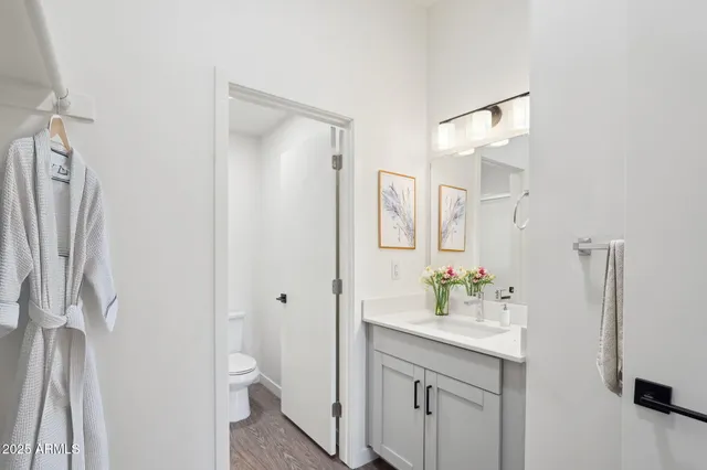 a bathroom with a sink a toilet and shower