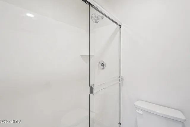 a bathroom with a shower and toilet