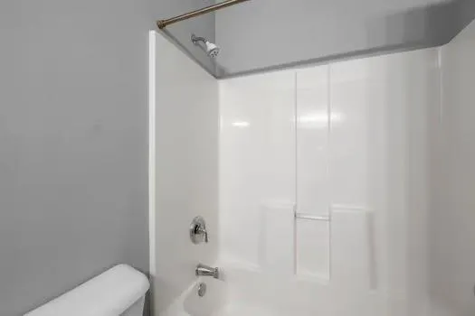 a bathroom with a shower and toilet