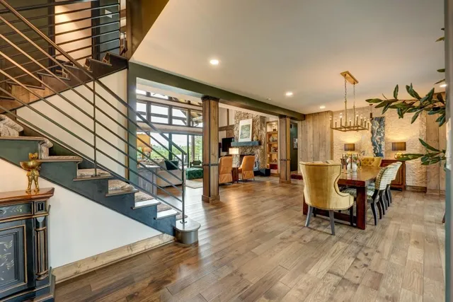 a view of a dining room with furniture window and outside view