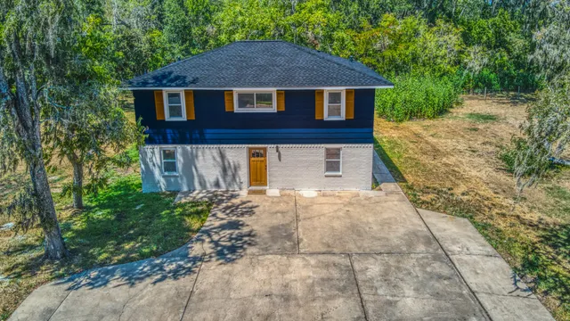 a brick house with a yard plants and large tree