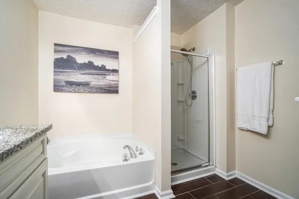 a bathroom with a bathtub and a shower