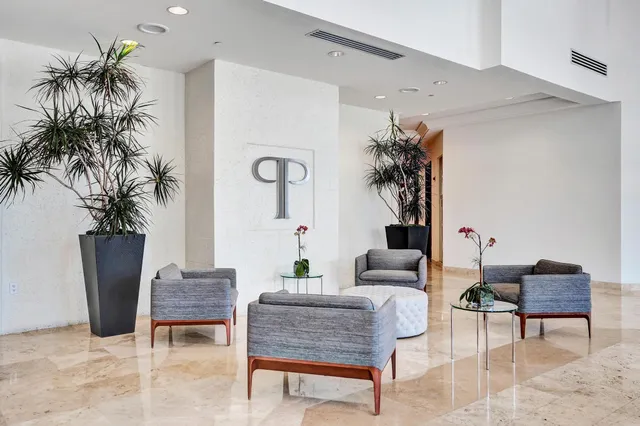 a living room with furniture and a potted plant